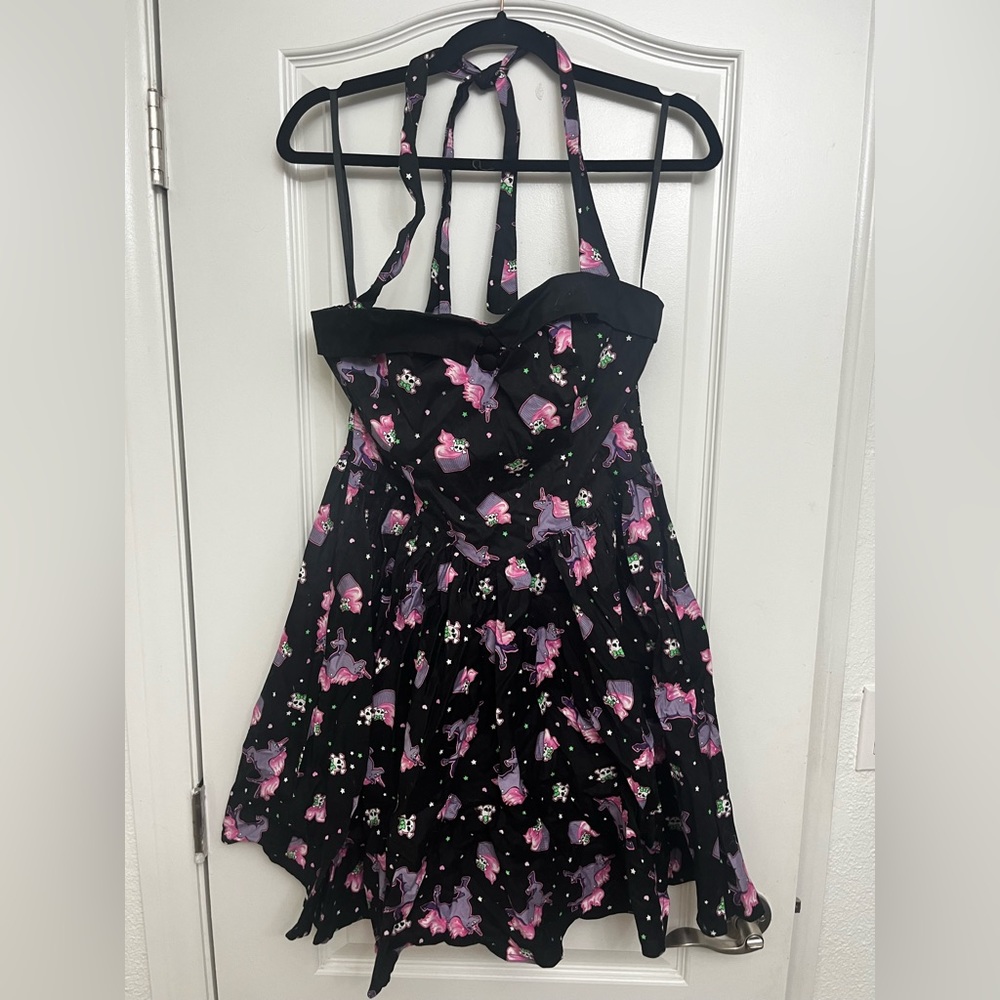 Hell Bunny Alaska Unicorns & Cupcakes Black Halter Mini Dress - Large